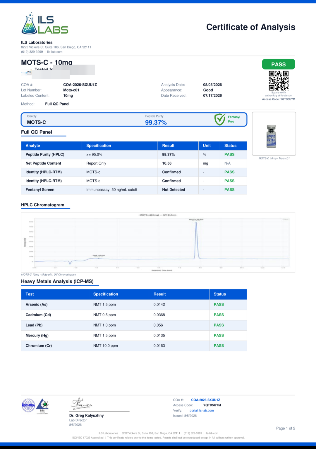 MOTS-C 10mg — 10 Vial Kit laboratory report 1